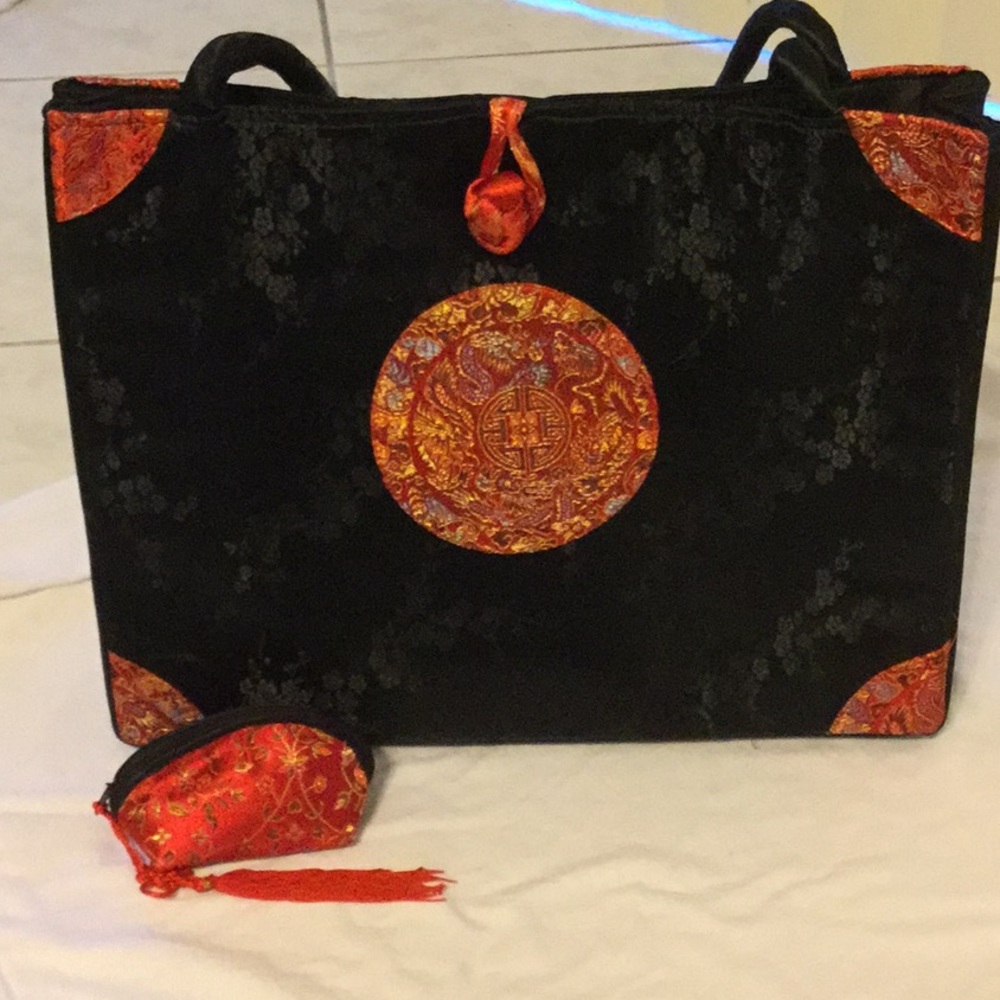 NWOT Zippered SILK Tote + Coin Bag Bundle Oriental Design
